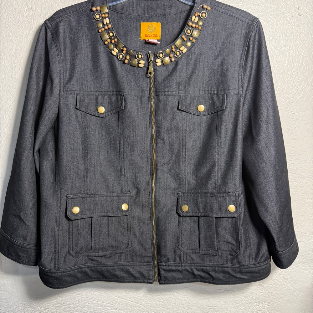 Ruby Rd. Embellished Zip Front Jacket Charcoal Denim Look Size 16
